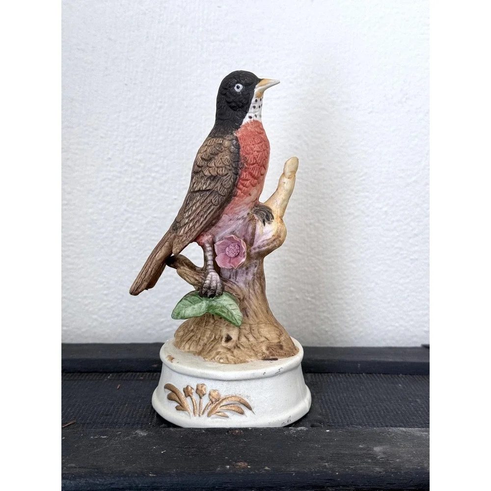 Vintage Robin Bird Music Box | Bisque Porcelain Collectible Figurine | Retro Dec
